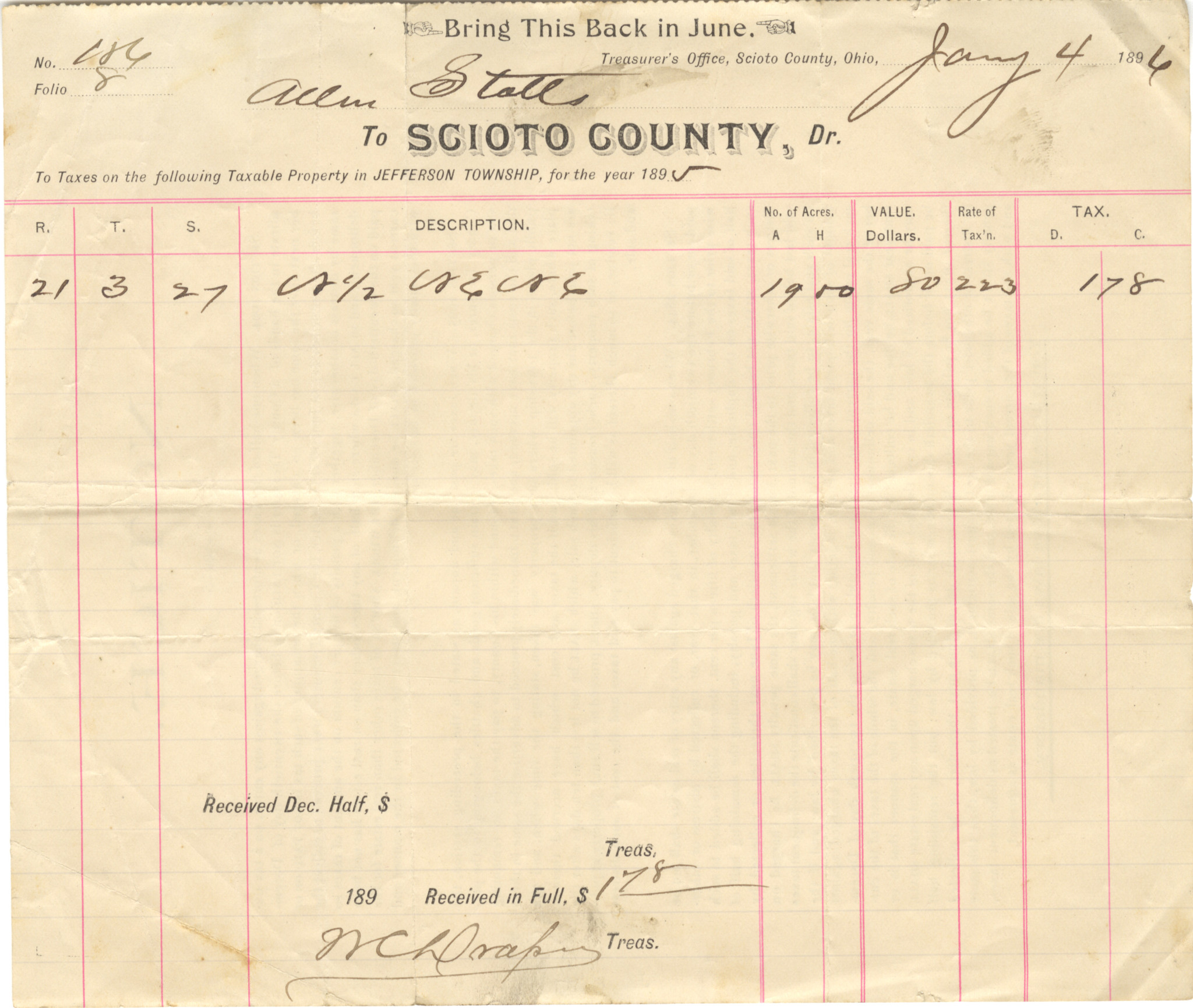 Property Tax Receipt for Allen Stalls