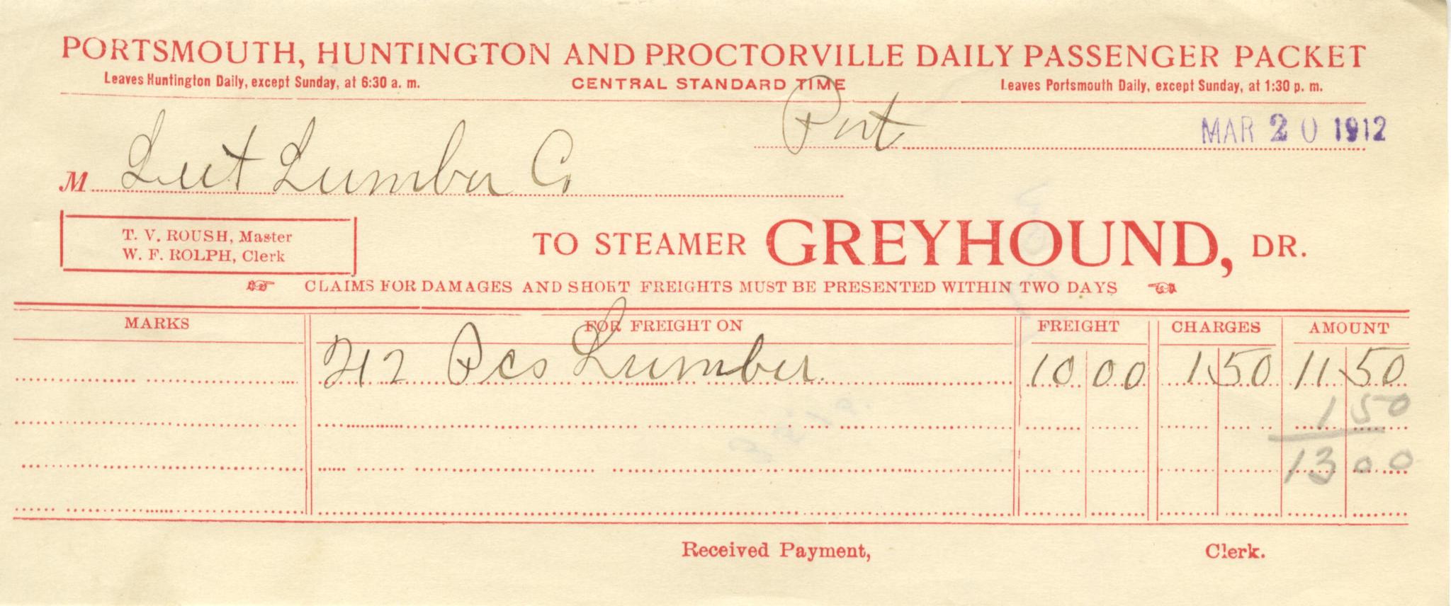 Portsmouth, Huntington and Proctorville Daily Passenger Packet Freight Invoice